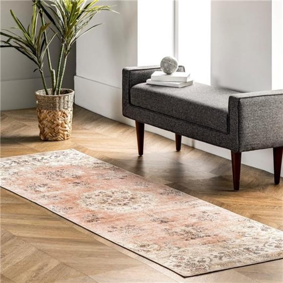Vintage Floral Machine Washable Runner Rug, 2' 6" x 8', Peach